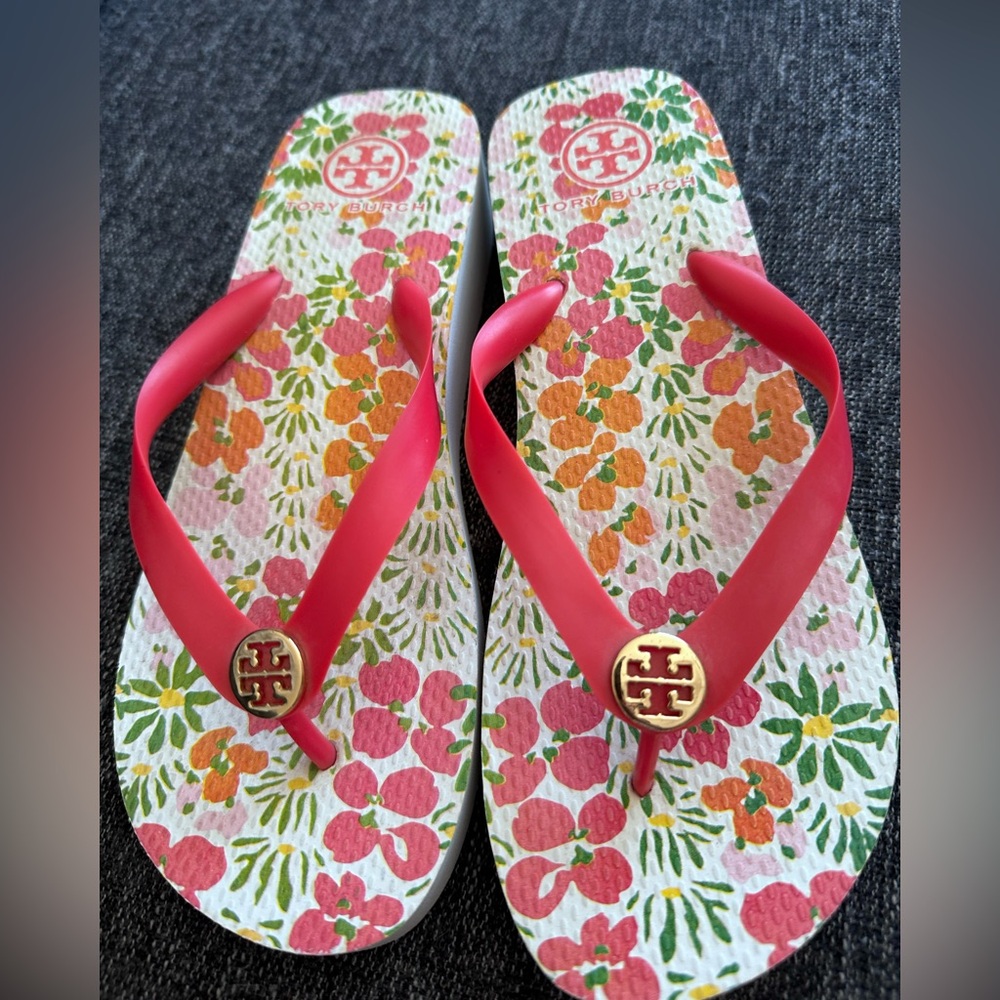 Tory Burch Pink Floral Logo Flip Flops